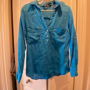 Zara Teal Linen  Long-Sleeve Blouse